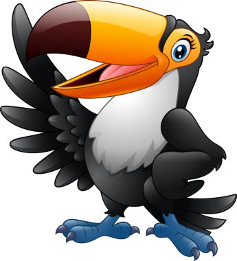 Beyaz arka plan üzerinde izole kanat sallayarak karikatür komik toucan