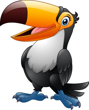 Beyaz arka planda izole edilmiş komik bir tukan çizgi filmi.