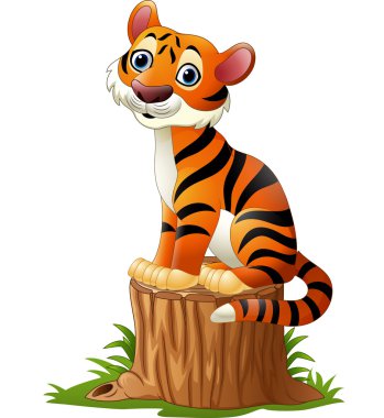 Ağaç kütüğü üzerinde oturan karikatür kaplan