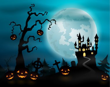 Kabaklar, kale ve dolunay Halloween gece arka plan