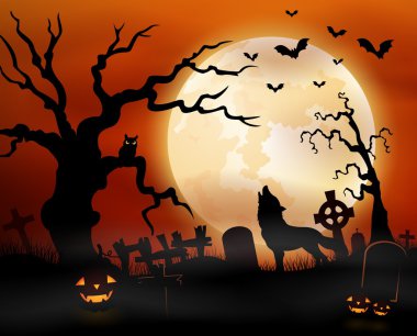 Uluyan kurt, pumpkins, baykuş ağaç ve dolunay ile Halloween gece arka plan