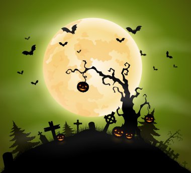 Cadılar Bayramı arka plan ağaç ve yarasalar üzerinde asılı kabak ile