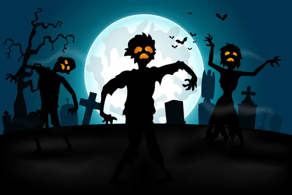 Fundo de Halloween com zumbis, lápides e a lua no cemitério — Vetor de Stock