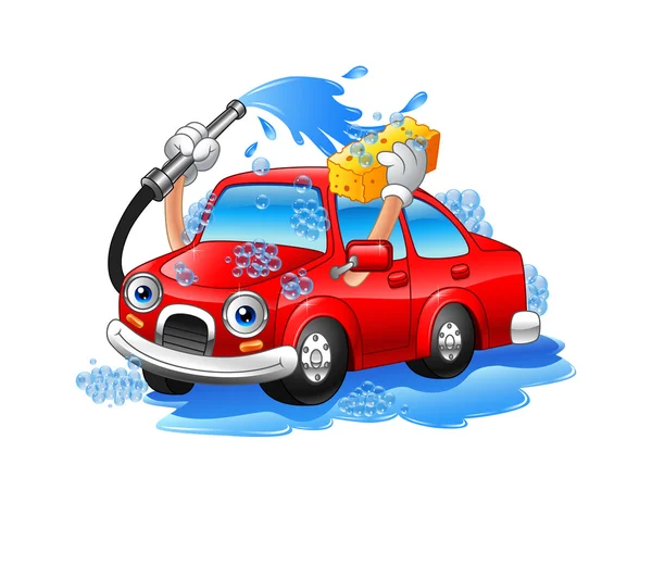 Grappige cartoon-auto wassen met water pijp en spons — Stockvector