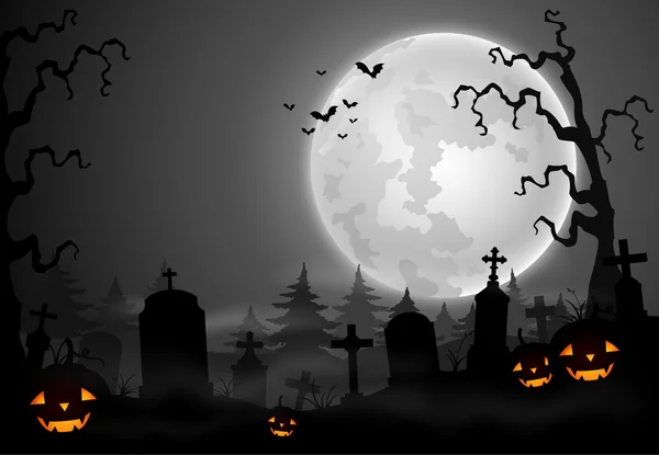 Espeluznante cementerio de Halloween con luna llena — Vector de stock