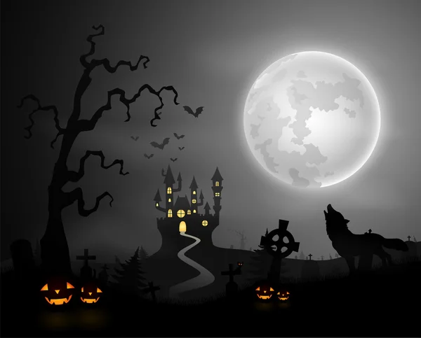 Halloween éjszaka háttér-wolf üvöltése, a sütőtök, a vár és a telihold — Stock Vector