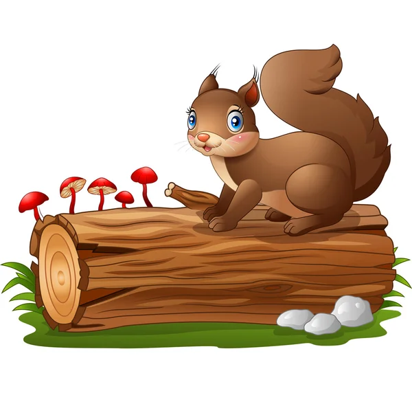 Cartoon squirrel on tree log isolated on white background — Stock Vector