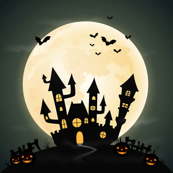 Noche de Halloween de fondo con el castillo y la luna llena — Vector de stock