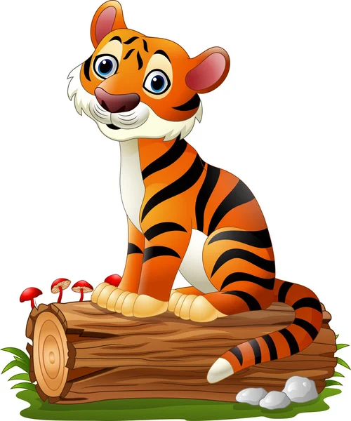 Tygrys kreskówka siedzi na drzewie dziennika — Wektor stockowy