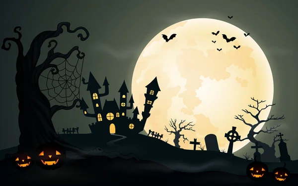 Halloween night tło z zamku pupkins i pełni księżyca — Wektor stockowy