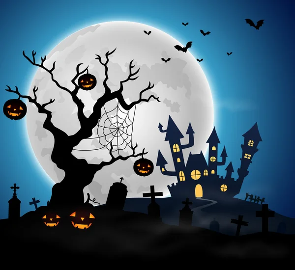 Halloween noite fundo com pupkins castelo e lua cheia —  Vetores de Stock