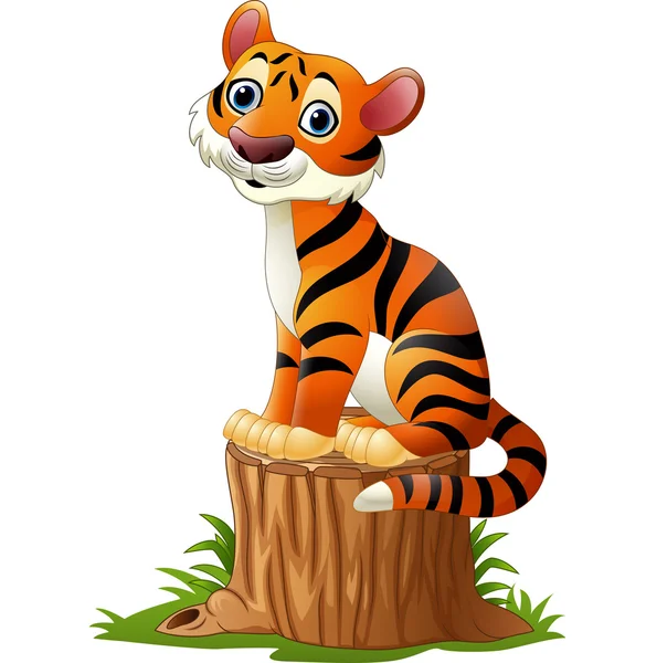 Cartoon tigre seduta su tronco d'albero — Vettoriale Stock