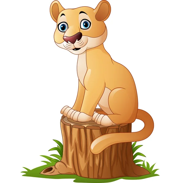 Dibujos animados felino sentado en el tocón del árbol — Vector de stock