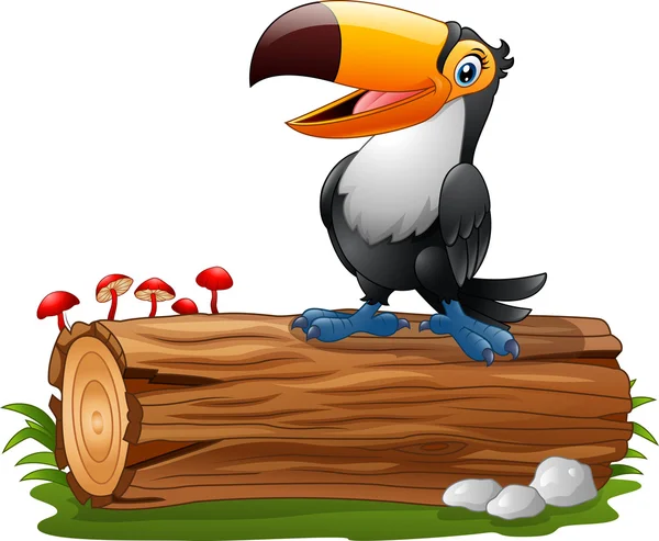 Cartoon funny toucan standing on tree log — Stock Vector