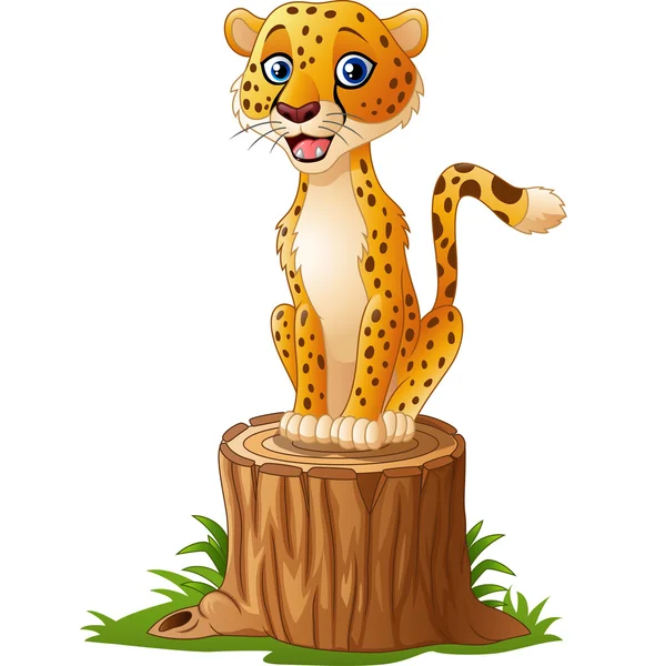 Cheetah de dibujos animados sentado en el tocón del árbol — Vector de stock