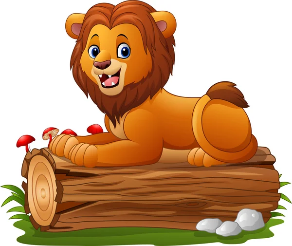 León de dibujos animados sentado en un tronco de árbol — Vector de stock