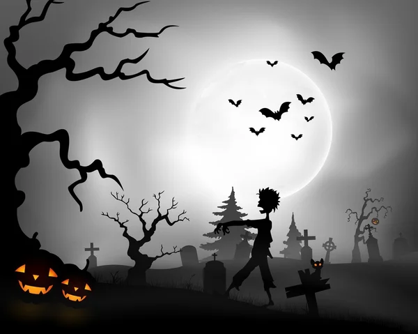 Fondo de noche de Halloween con zombi caminando, calabazas y luna llena — Vector de stock