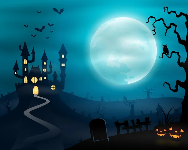 Halloween sfondo notte con castello e zucche — Vettoriale Stock