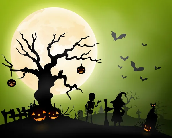 Хэллоуин фон с зомби, тыквы висят на дереве и летучих мышей — стоковый вектор