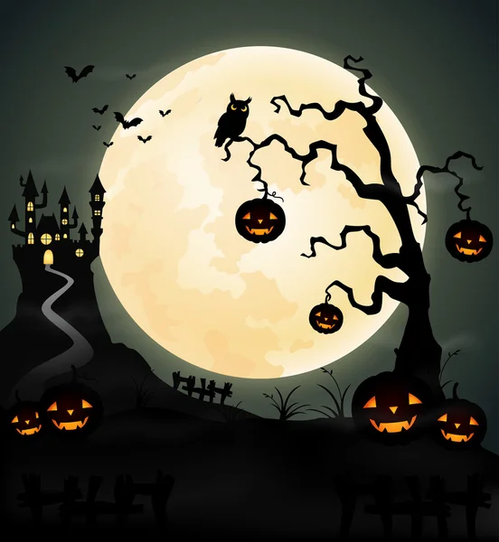 Halloween night background with pumpkin, castle and full moon — Stock Vector