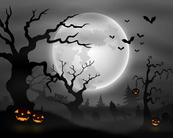 Halloween night background with wolf howling, pumpkins and full moon — Stock Vector