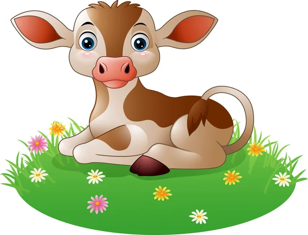 Cartoon cow sitting on grass — Stock Vector