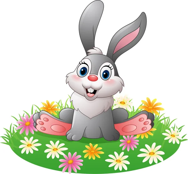 Conejo de dibujos animados sentado en la hierba — Vector de stock