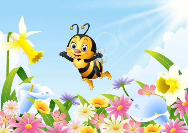 お花畑の上を飛んで漫画蜂 — ストックベクタ