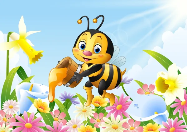 Kartun lebah memegang ember madu dengan latar belakang bunga - Stok Vektor