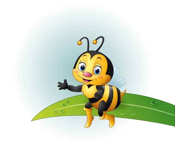 Abeja de dibujos animados sentada en una hoja — Vector de stock