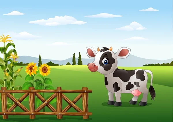 Vaca dos desenhos animados com fundo fazenda — Vetor de Stock