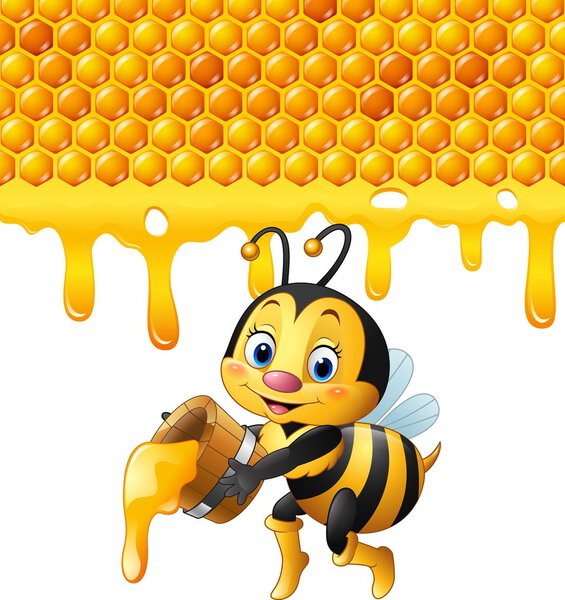 Cartoon bee holding bucket with honeycomb and honey dripping