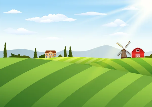 納屋と風車の農場風景 — ストックベクタ