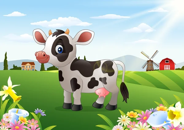 Vaca dos desenhos animados na paisagem rural com flores florescentes — Vetor de Stock