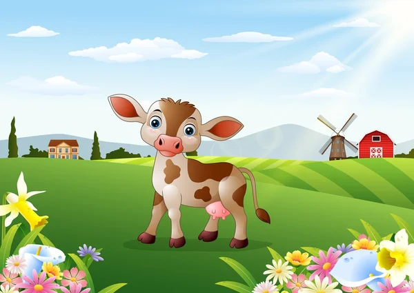 Tecknade ko i landsbygdens landskap med blommande blommor — Stock vektor