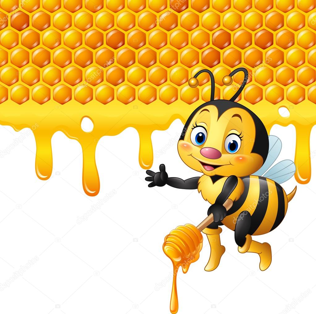 Cartoon bee holding dipper with honeycomb and honey dripping