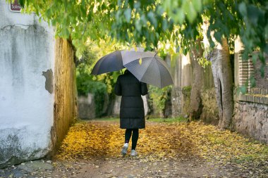 woman with umbrella, walking along the road and black coat clipart