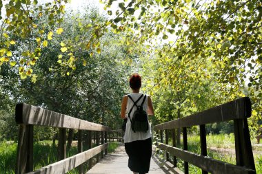 Doğada bir köprüde yürüyen tanınmayan bir kadın.