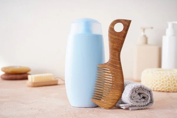 Shampoo Hair Brush Towel Washcloths Beige Background — Stock Photo, Image