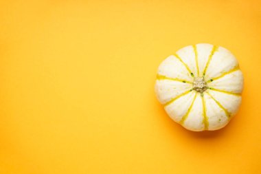 Sarı arka planda Cadılar Bayramı balkabağı, metin için boşluk, düz uzanma.