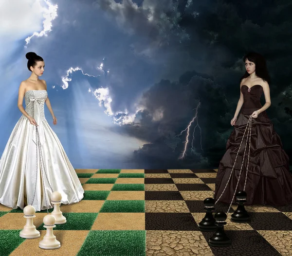 Kızlar ve satranç. — Stok fotoğraf