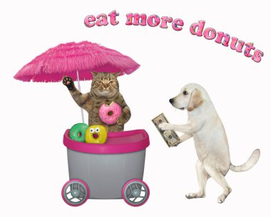 Bir köpek mini hareketli büfeden çörek alır. Daha çok çörek ye. İzole edilmiş.