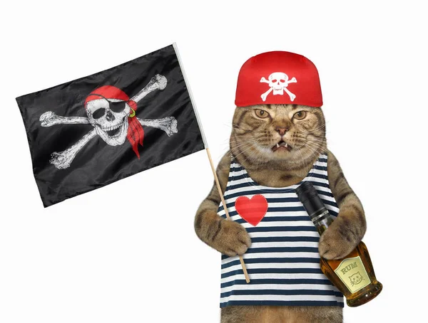 一只穿着红色手帕和条纹水手T恤的猫手里拿着一瓶朗姆酒和一面海盗旗 白色背景 被隔离了 — 图库照片