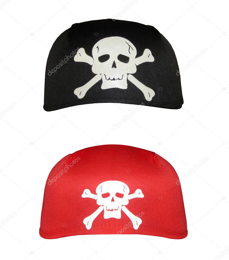 There are two pirate bandanas. One is red and the other is black. White background. Isolated.