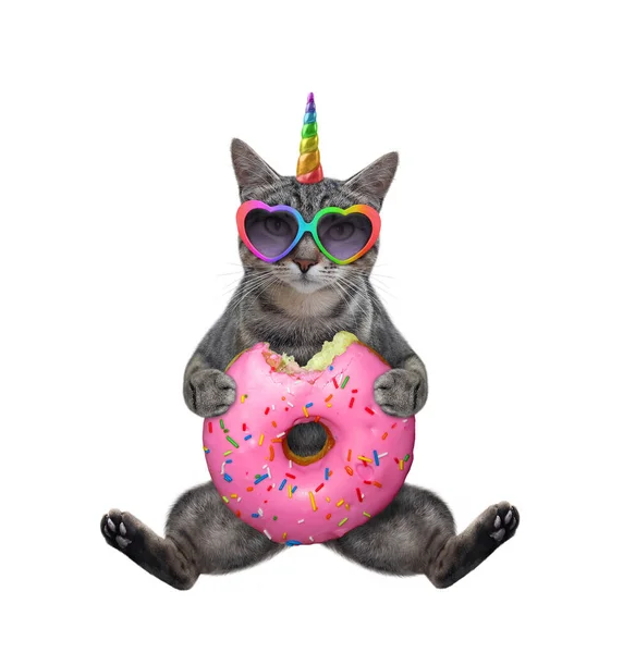 Gray Cat Unicorn Heart Shaped Sunglasses Sits Pink Donut White — Stock Photo, Image