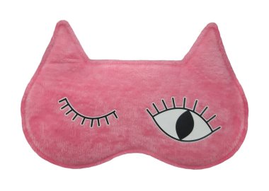 Pembe komik bir uyku maskesi var. Beyaz arka plan. İzole edilmiş.