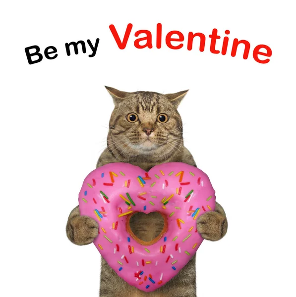 Beige Cat Holds Pink Heart Shaped Donut Valentine White Background — Stock Photo, Image