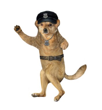 Siyah şapkalı ve boynunda polis rozeti olan bej renkli bir köpek polis memuru. Beyaz arka plan. İzole edilmiş.