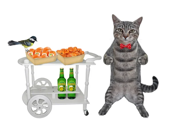一只灰色的猫在餐桌上的推车边 车上有几瓶啤酒 几盒寿司和虾仁 白色背景 被隔离了 — 图库照片