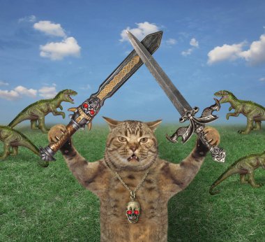 Çayırda iki çapraz kılıçlı bej bir kedi savaşçı bir karga sürüsünün yanında duruyor..